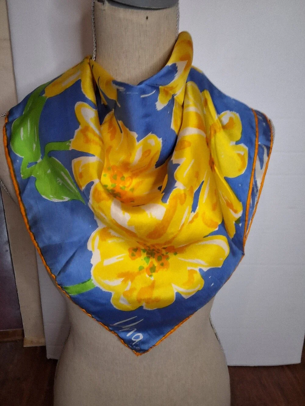 Vera Neumann Silk Scarf Blue Yellow Floral Sun Print Vintage Signed Square Scarf